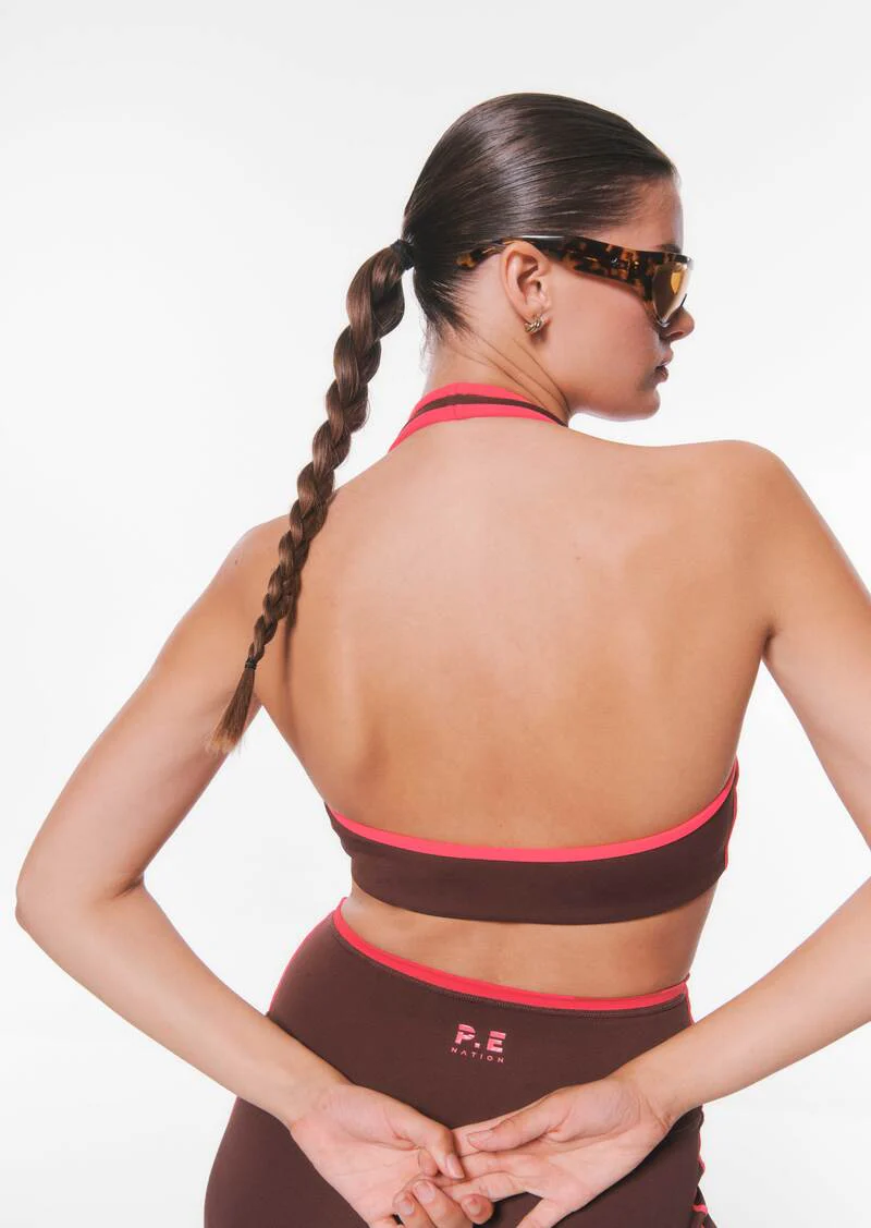 Radar halter sports bra in mahogany & diva pink - Image 3