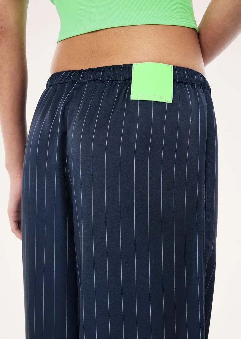 Balance satin pant in dark navy pinstripe