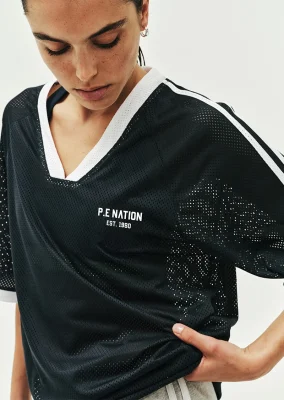 Phantom mesh jersey tee in dark navy & white