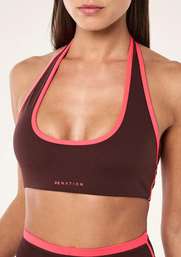 Radar halter sports bra in mahogany & diva pink 1